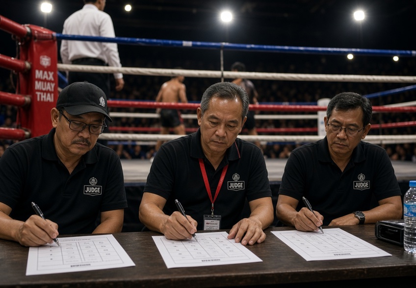 Three ringside judges marking scorecards during a Muay Thai bout