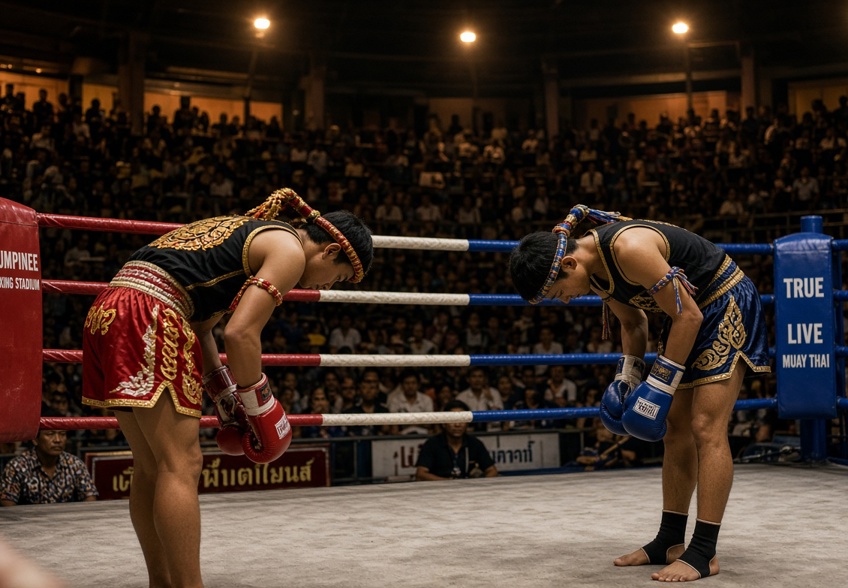Two fighters bow in the wai khru before a stadium bout, mongkon and prajioud on