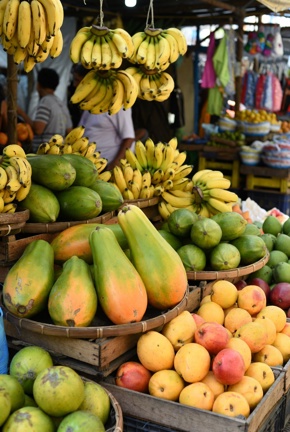 Bananas, Papaya, and Mango in a market