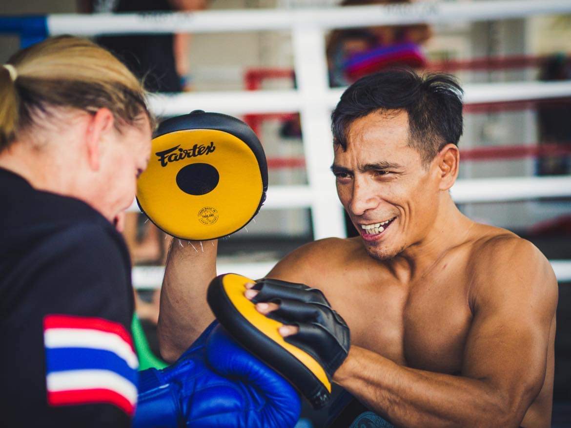 Kru Padu training student Nadine, from Germany, at Khao Lak Muay Thai