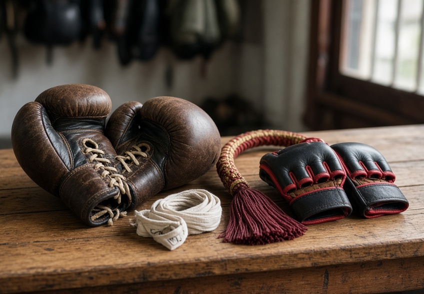 Traditional laced Muay Thai gloves beside small open-finger gloves and a mongkon