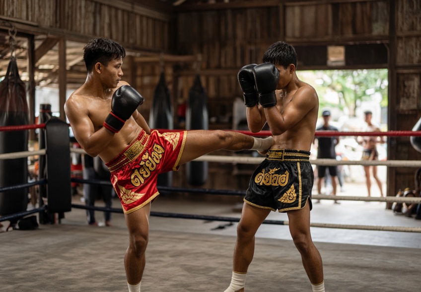 A body kick lands on the midsection in a Thai gym ring