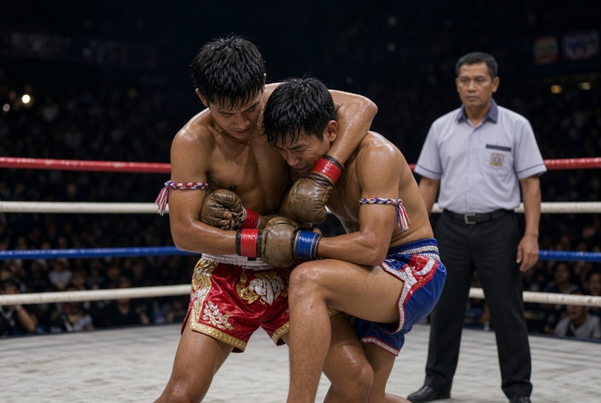 Fighters working a Muay Thai clinch, knee raised, referee watching