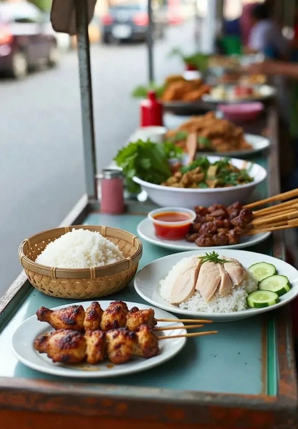 Think gai yang (grilled chicken) with sticky rice, or khao man gai (chicken rice)
