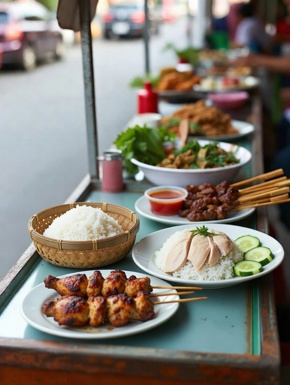 Think gai yang (grilled chicken) with sticky rice, or khao man gai (chicken rice)
